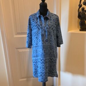 Philosophy Denim Blue Tencel Tunic Dress w/ Aztec Print, Size L